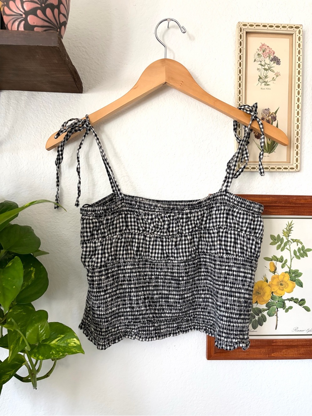 Zara Gingham Smocked Crop Top – Tie Strap Cottagecore/Y2K Cami - M